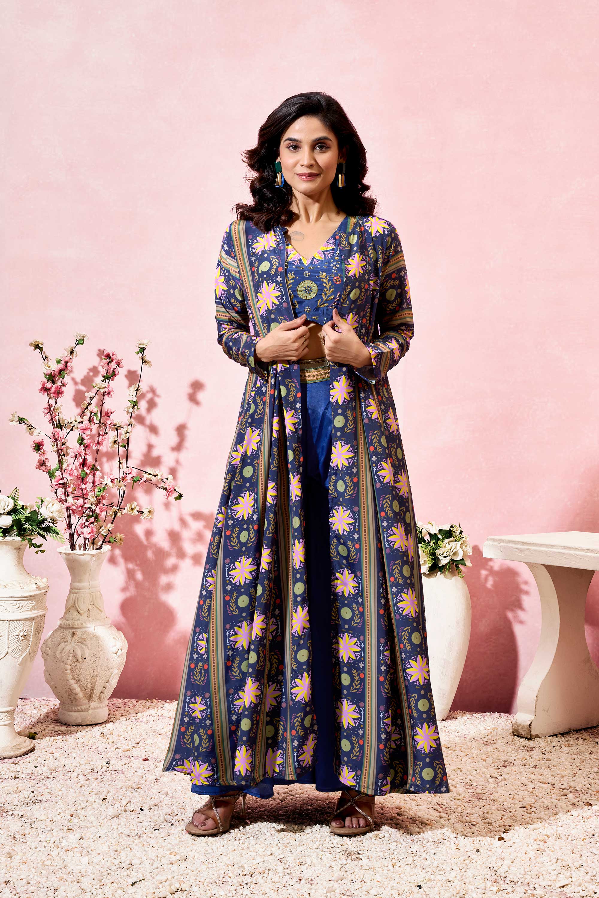 Vashti Elegant Crepe Shrug Set with Hand Work Crop top